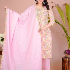 Women's Pink Cotton Printed Straight Kurti with Pant & Dupatta Set