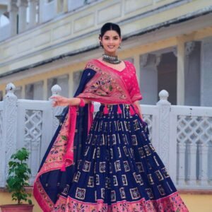 Blue Tussar Silk Lehenga Choli with Pink Blouse | Bandhani Peacock & Foil Print | Wedding & Festive Wear