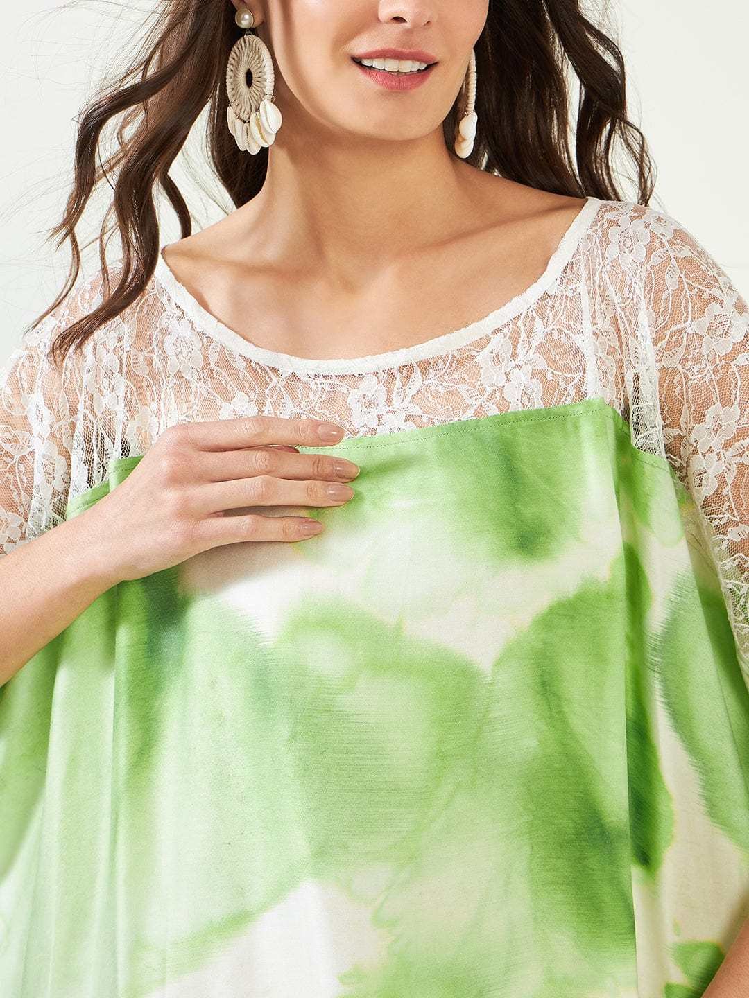 Women's Cotton Tie Dye Print Lace Trim, V-Neck, Full Length, Beach Casual Wear, Spring Collection Kaftan ( Green White ) - Image 3