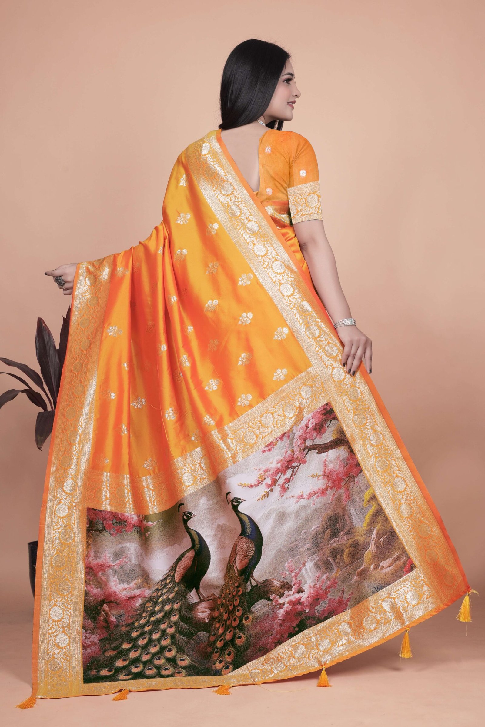 Radiant Orange Silk Saree with Golden Zari & Peacock Pallu | Festive, Wedding & Traditional Wear - Image 4