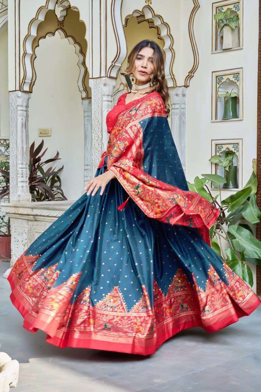 Teal Blue Dola Silk Lehenga Choli with Red Blouse | Bandhej & Ajarakh Print | Wedding & Festive Wear - Image 3