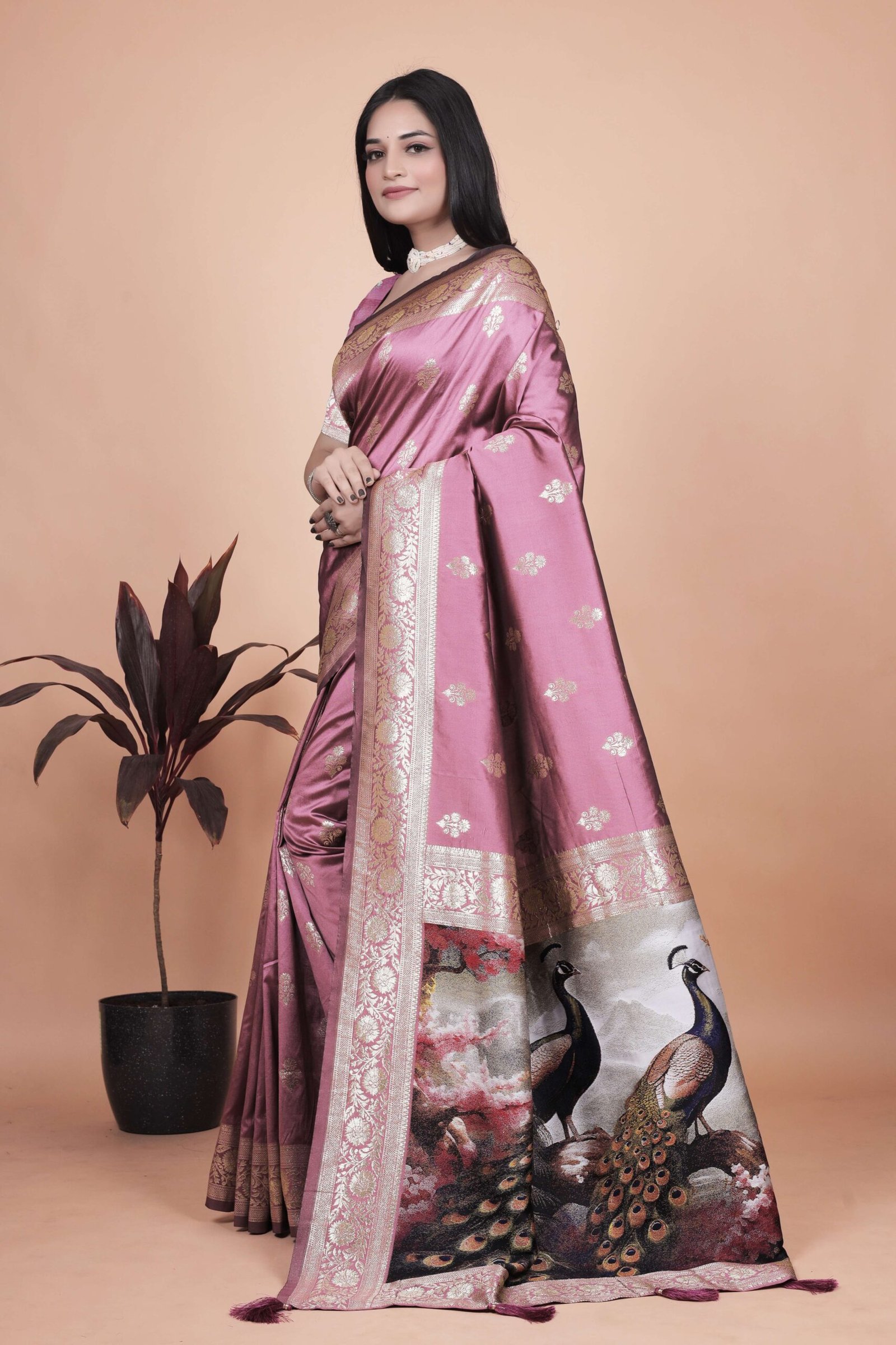 Rosewood Pink Banarasi Silk Saree with Golden Zari shown in the product photograph