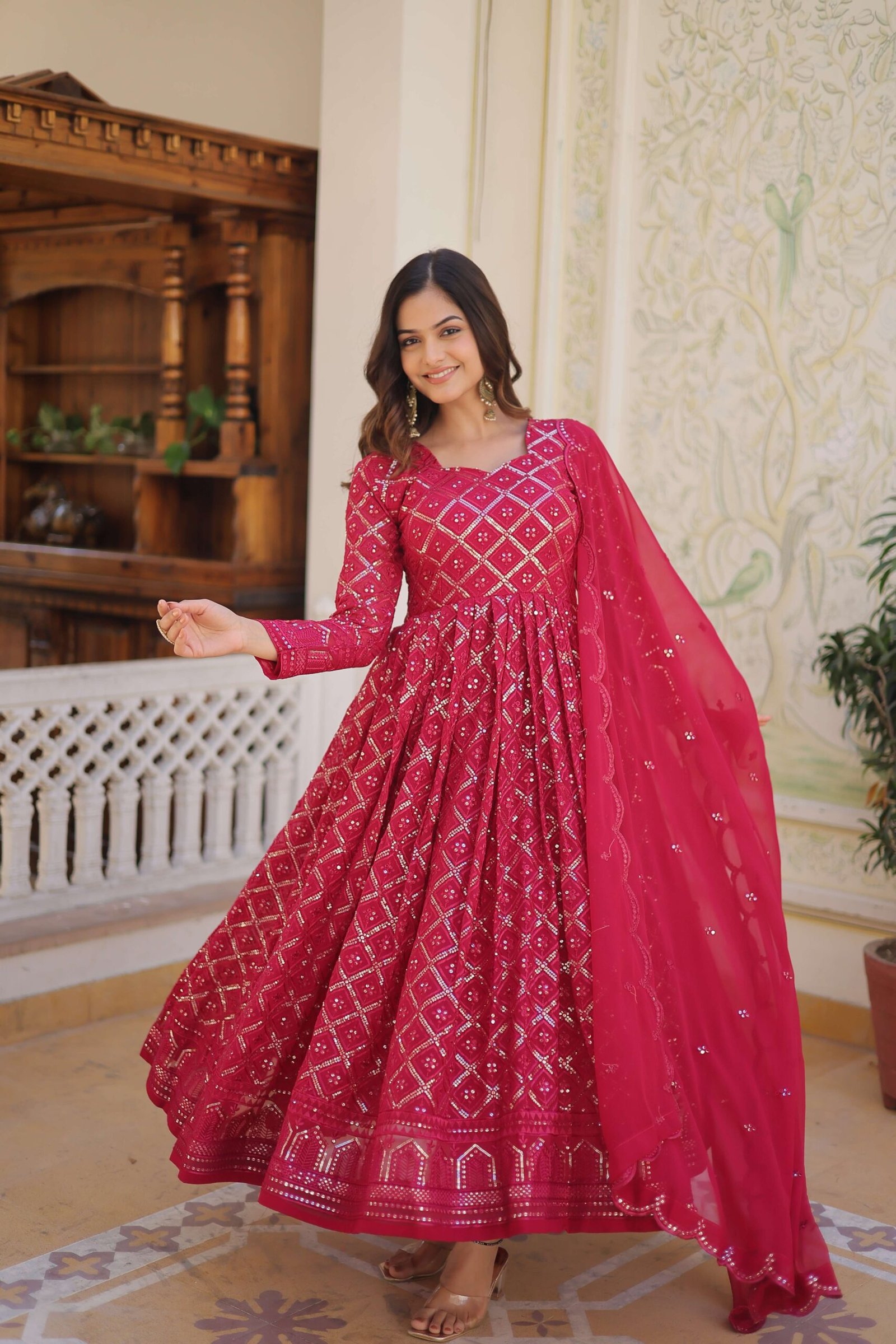 Rani Faux Blooming Designer Gown with Sequined Dupatta ? Elegant Fully Flared Party & Wedding Set - Image 6