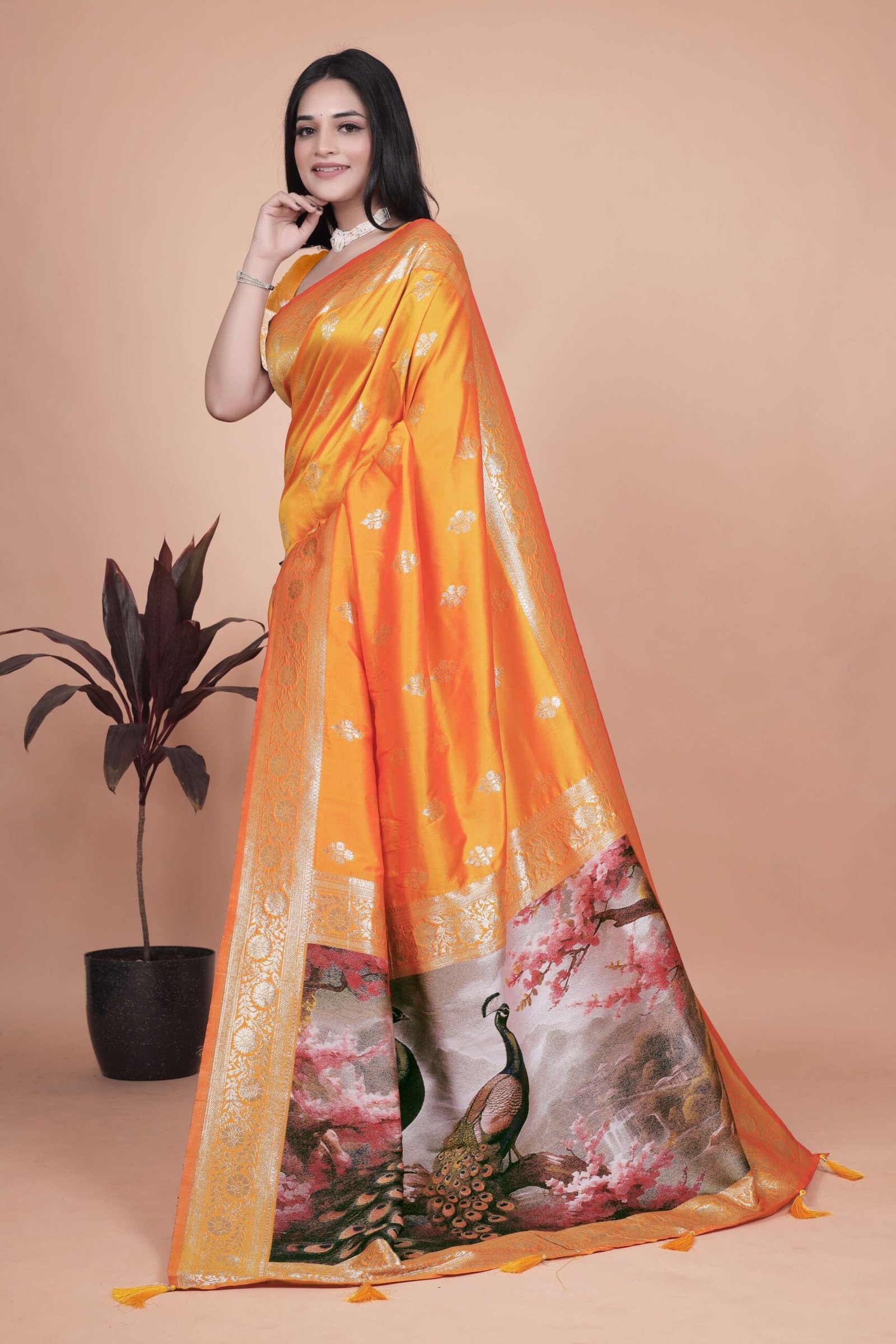 Radiant Orange Silk Saree with Golden Zari & Peacock Pallu | Festive, Wedding & Traditional Wear - Image 3
