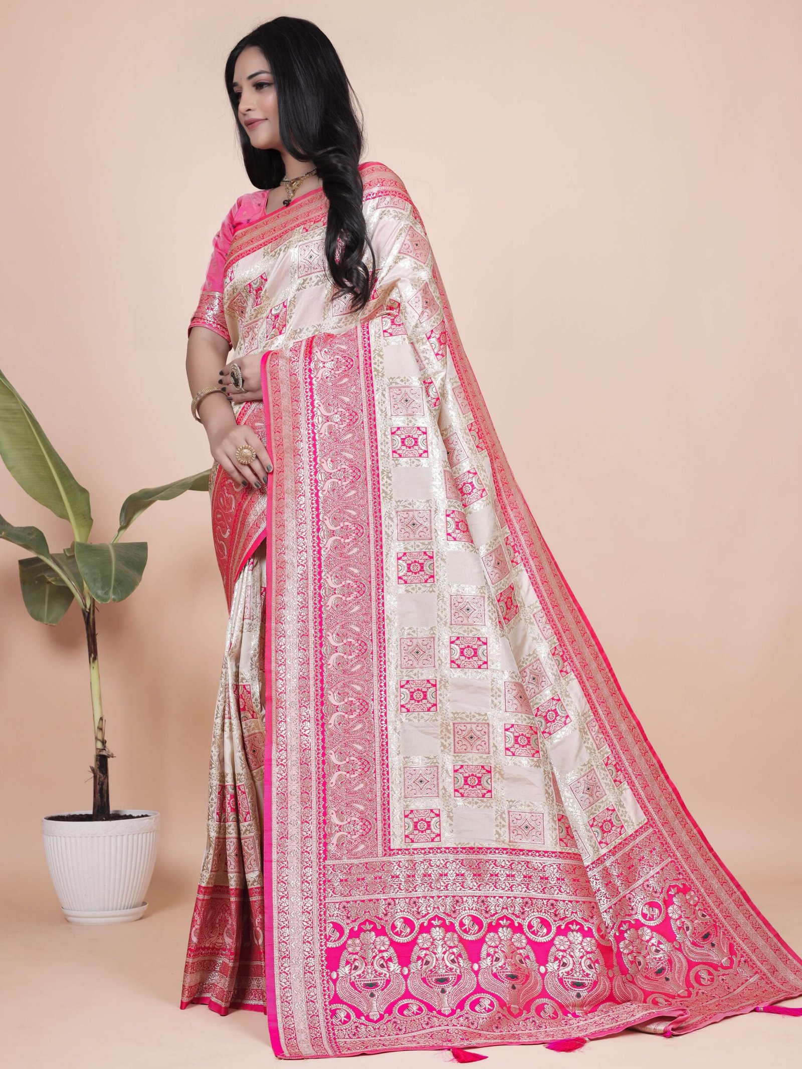 Cream and Pink Banarasi Silk Saree with Silver Zari shown in the product photograph