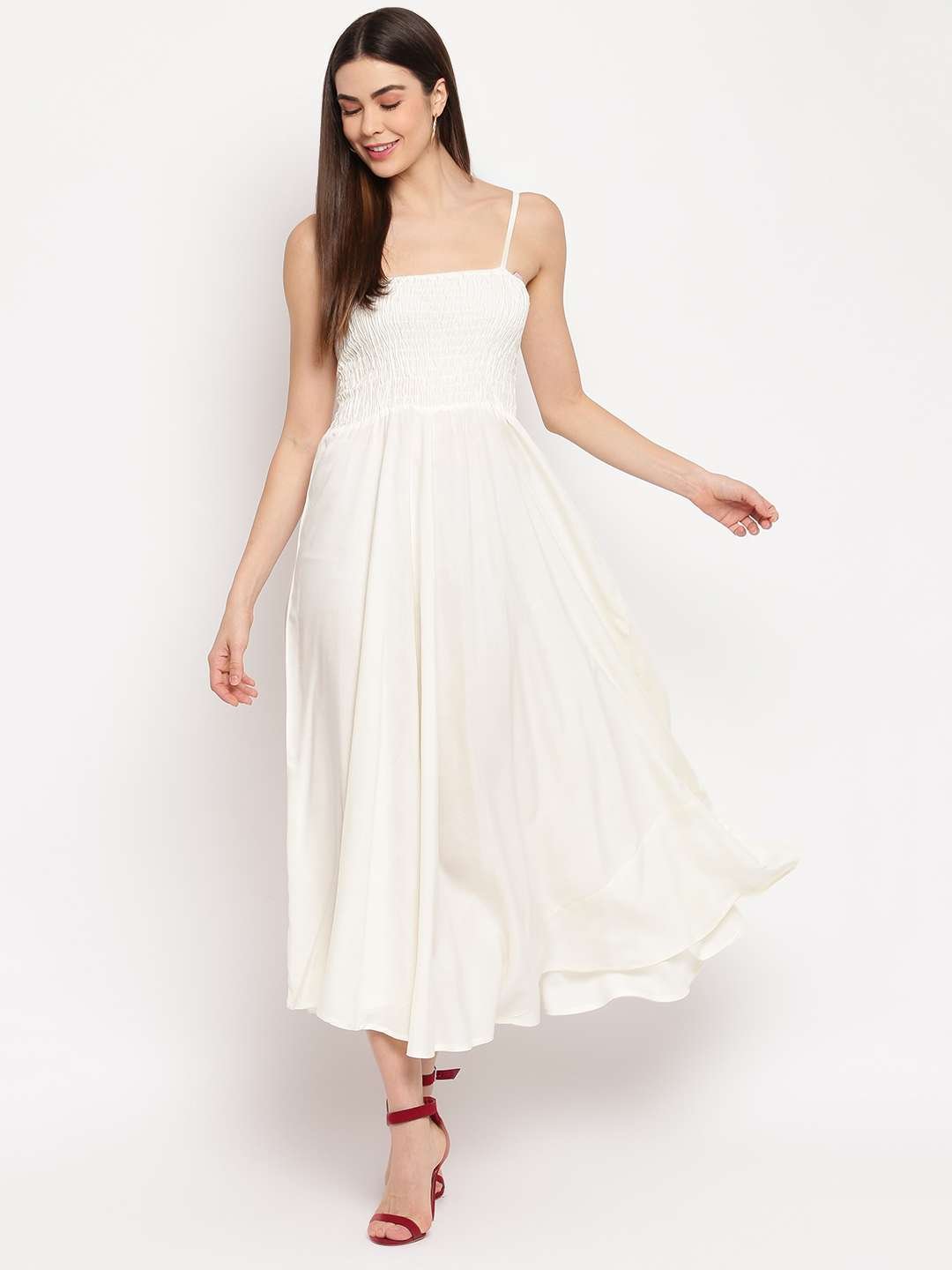 Women's Viscose Rayon Solid Shoulder Straps Sleeveless Flared Gown Drees (Cream) - Image 5