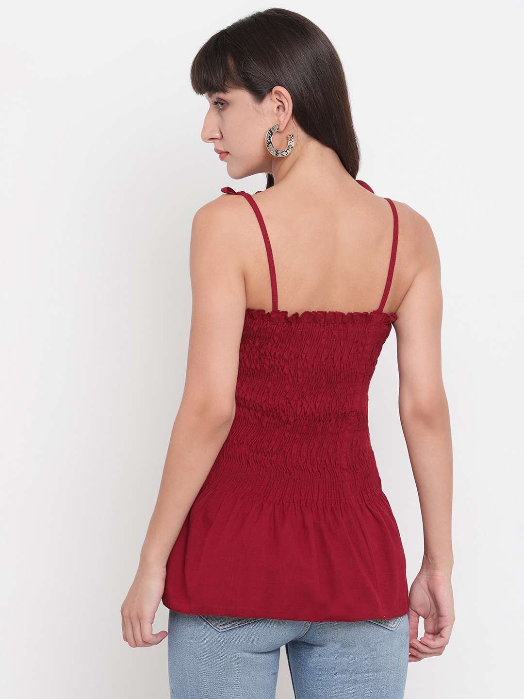 Women's Rayon Solid Casual Summer Style Tie Shoulder Straps Free Size Tank Top (Maroon) - Image 2