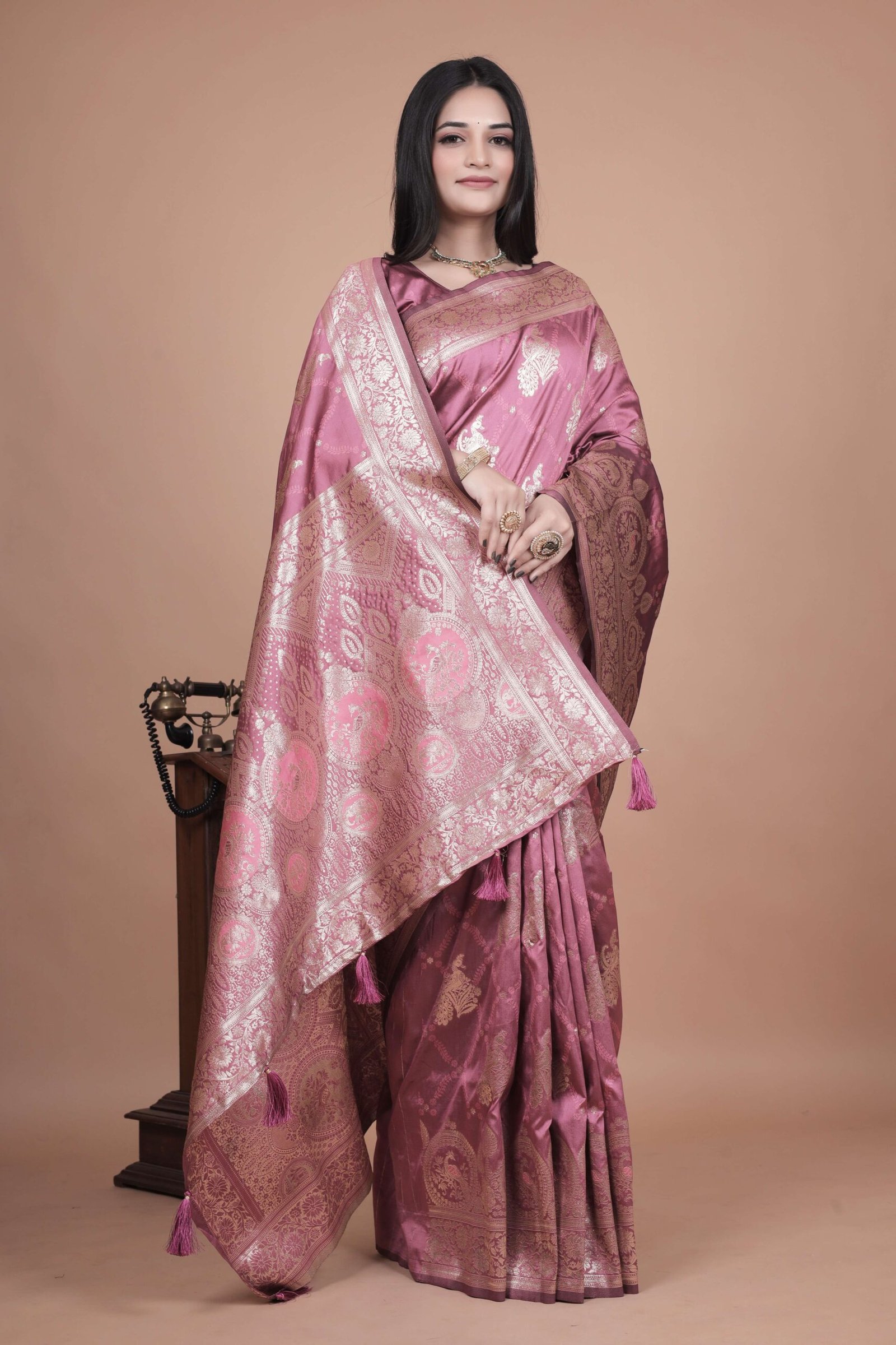Rose Pink Banarasi Silk Saree with Silver Zari | Floral & Paisley Motifs | Wedding, Festive & Traditional Wear - Image 3