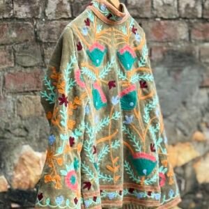 Womens Olive Green Velvet Embroidered Jacket with Floral Design shown in the product photograph