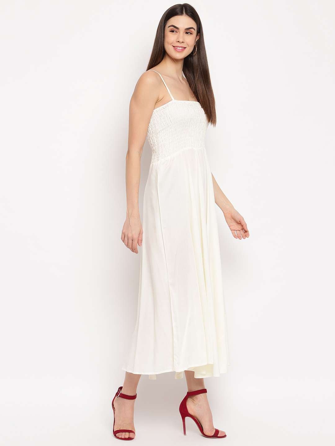 Women's Viscose Rayon Solid Shoulder Straps Sleeveless Flared Gown Drees (Cream)