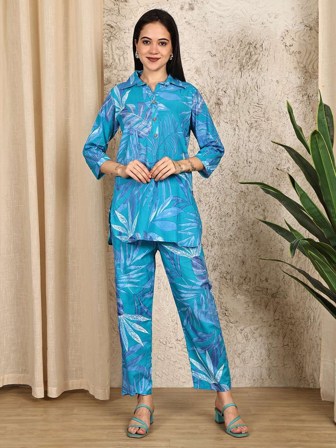 Women's Pure Cotton Printed Collared Top and Pant Co-ord Set (Blue) - Image 8