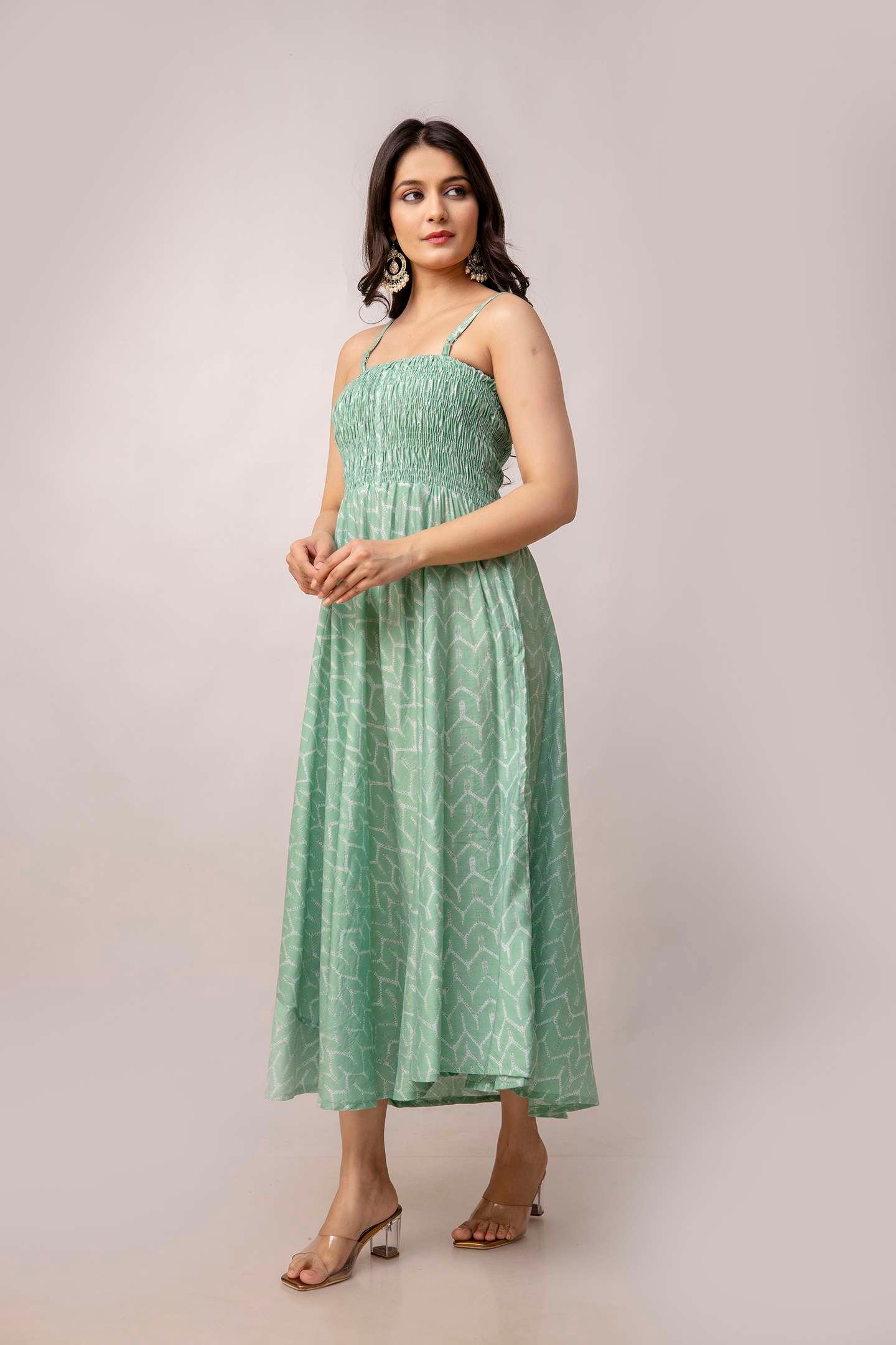 Women's Silk Printed Shoulder Straps Sleeveless Anarkali Gown Drees (GREEN-SUI) - Image 3