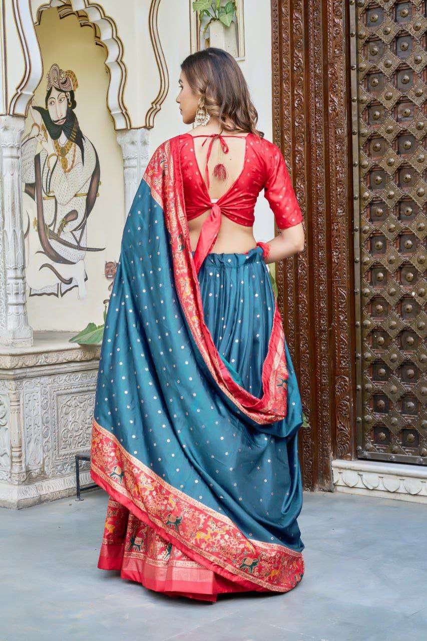 Teal Blue Dola Silk Lehenga Choli with Red Blouse | Bandhej & Ajarakh Print | Wedding & Festive Wear - Image 4