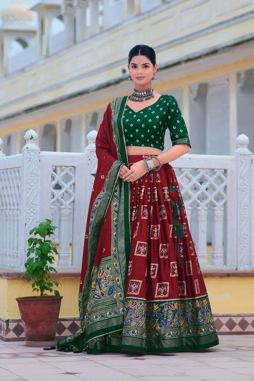 Maroon Tussar Silk Lehenga Choli with Dark Green Blouse | Bandhani Peacock & Foil Print | Wedding & Festive Wear - Image 3