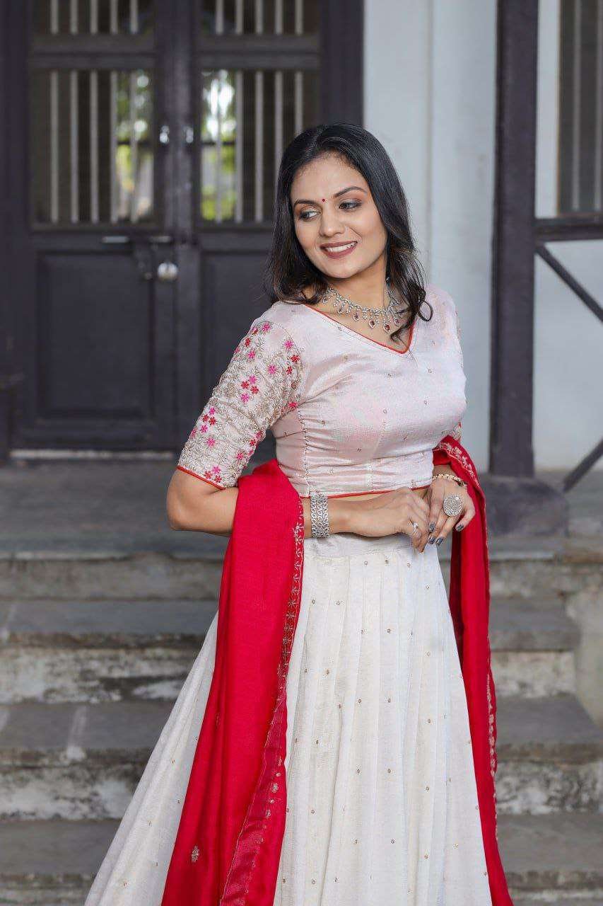 White Vichitra Silk Lehenga Choli with Red Blouse | Sequins & Thread Embroidery | Bridesmaid & Wedding Wear - Image 3