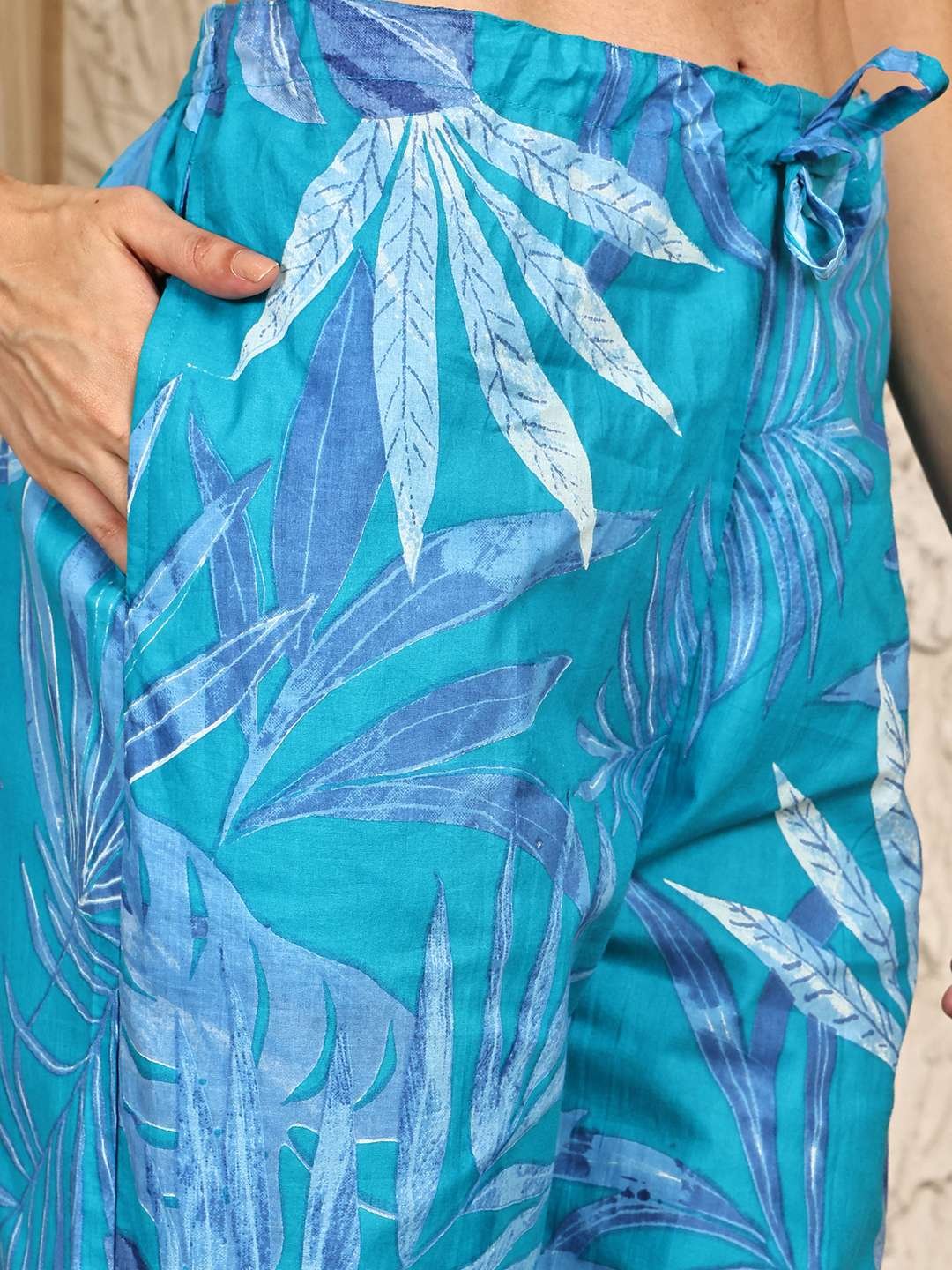 Women's Pure Cotton Printed Collared Top and Pant Co-ord Set (Blue) - Image 7