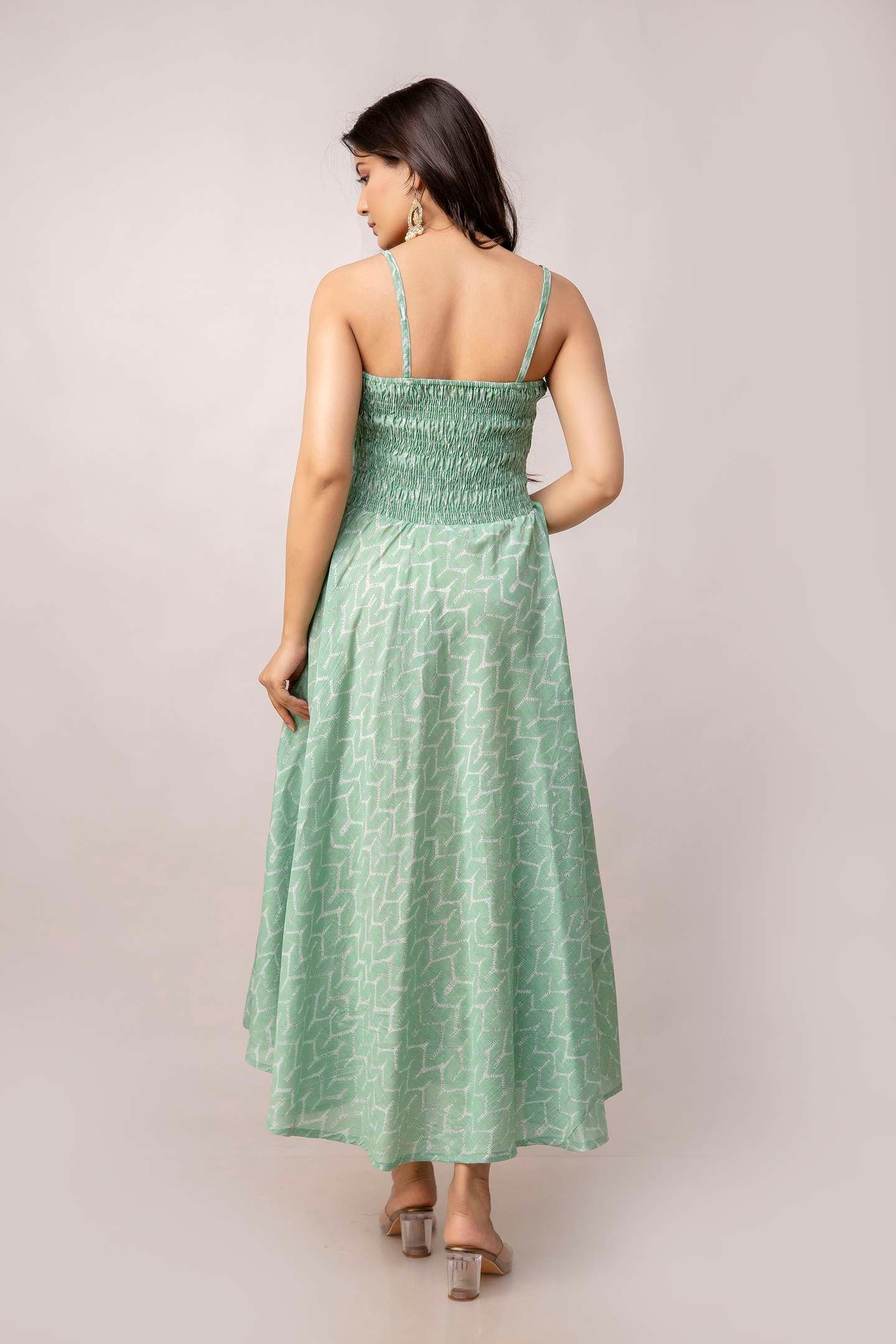 Women's Silk Printed Shoulder Straps Sleeveless Anarkali Gown Drees (GREEN-SUI) - Image 7
