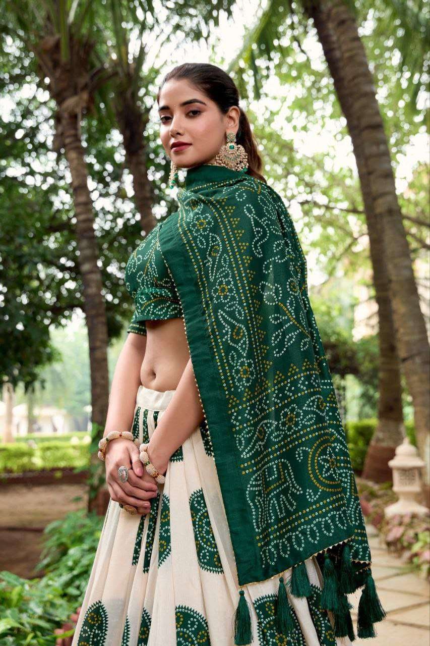 White Dola Silk Lehenga Choli with Forest Green Blouse | Bandhej & Patola Print | Wedding & Festive Wear - Image 4
