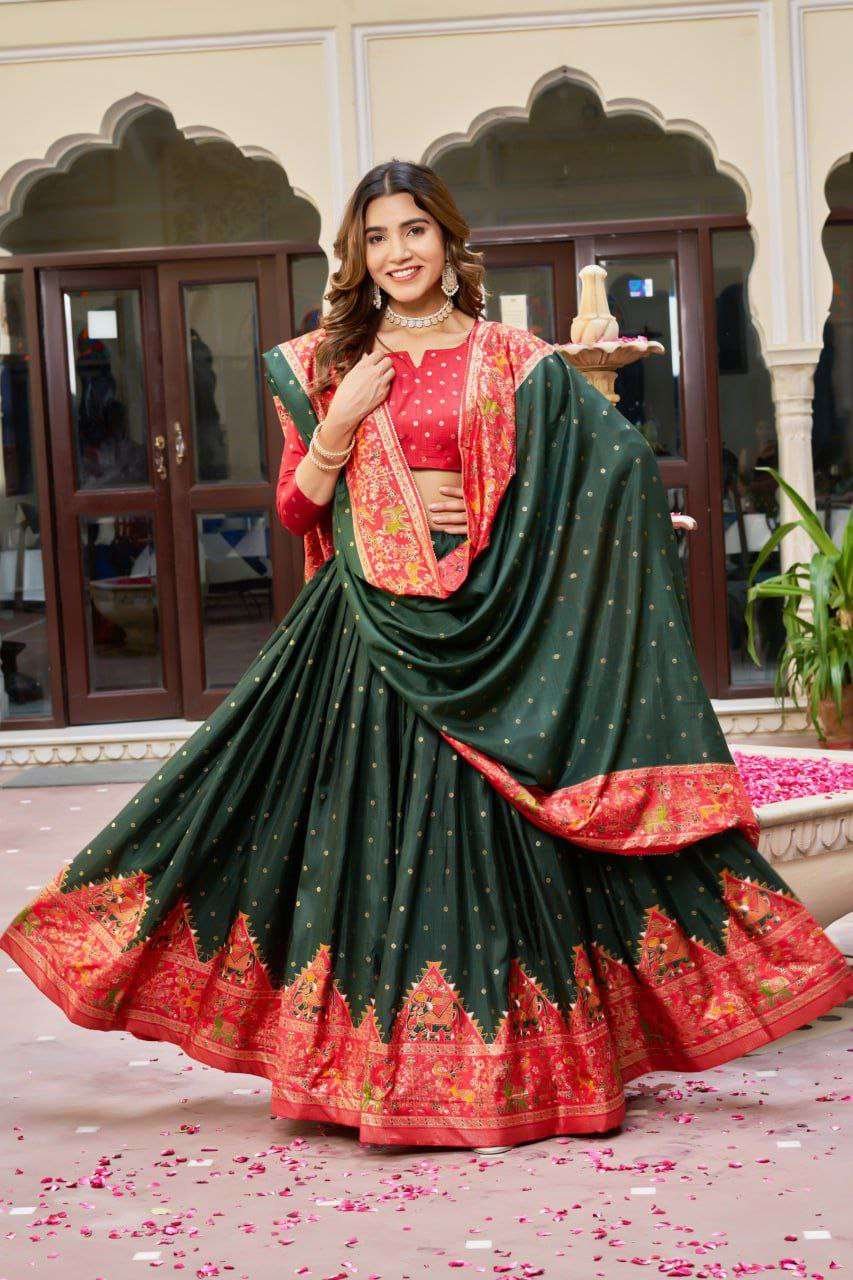 Dark Green Dola Silk Lehenga Choli with Red Blouse | Bandhej & Ajarakh Print | Wedding & Festive Wear - Image 2