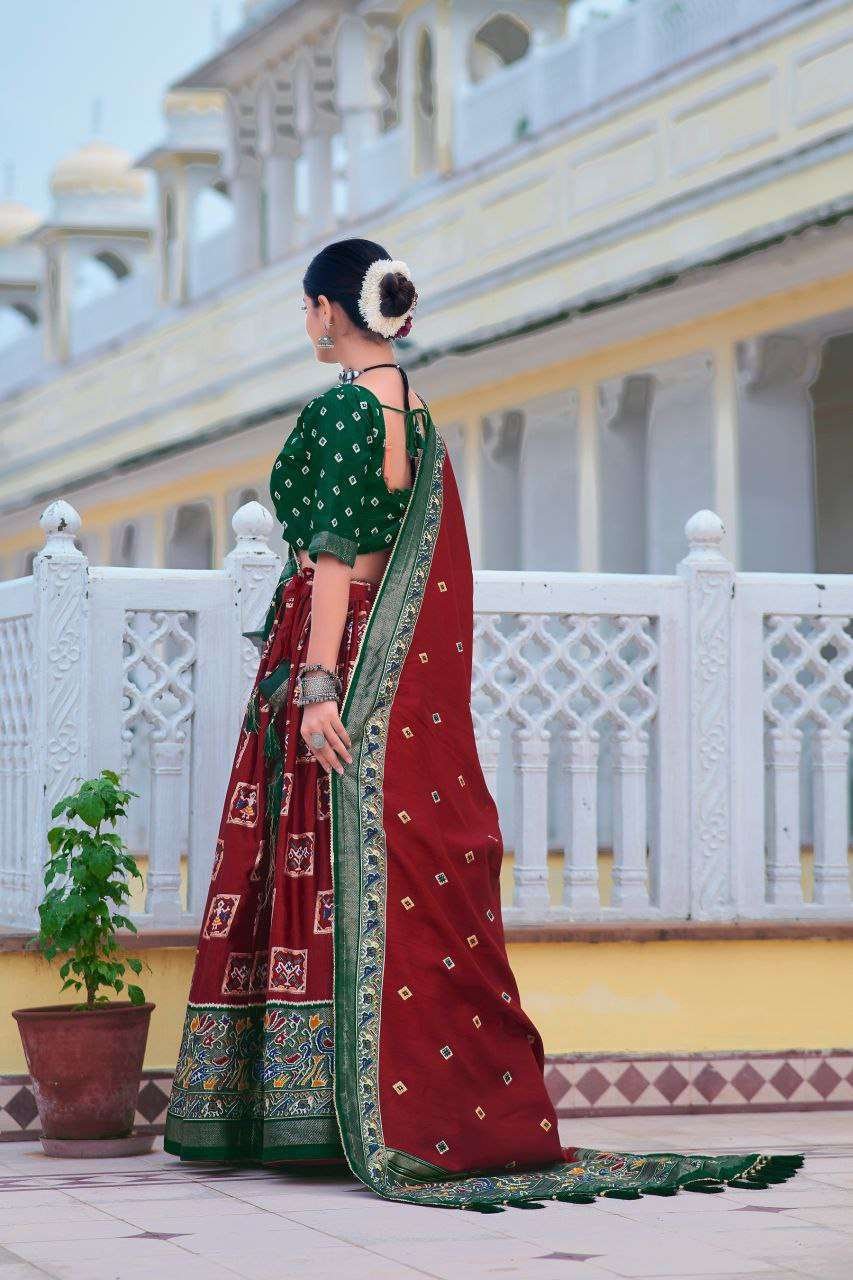 Maroon Tussar Silk Lehenga Choli with Dark Green Blouse | Bandhani Peacock & Foil Print | Wedding & Festive Wear - Image 2