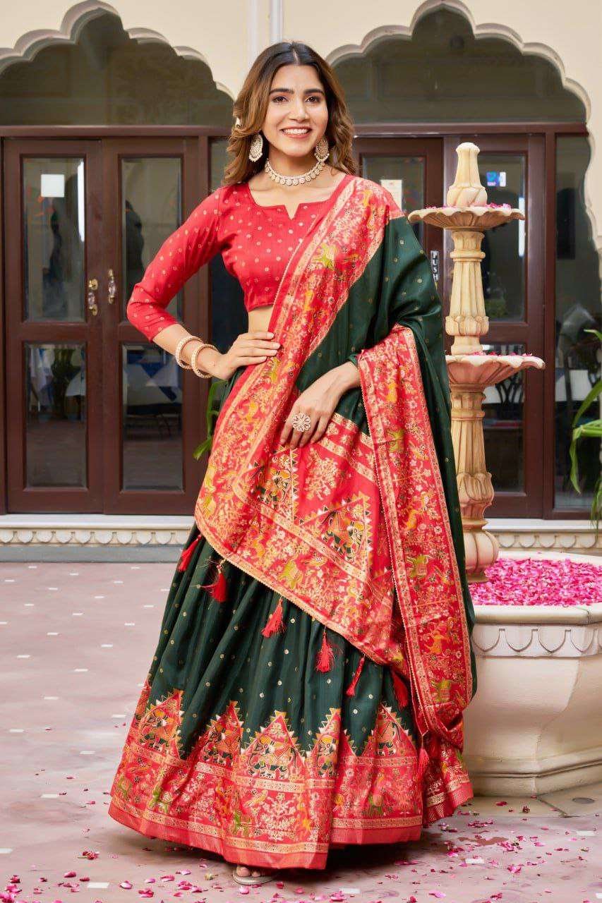 Dark Green Dola Silk Lehenga Choli with Red Blouse | Bandhej & Ajarakh Print | Wedding & Festive Wear - Image 4