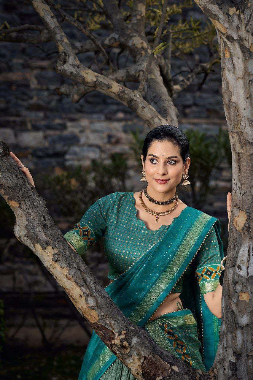 Sea Green Tussar Silk Lehenga Choli with Sea Green Blouse | Floral & Foil Print | Wedding & Festive Wear - Image 2