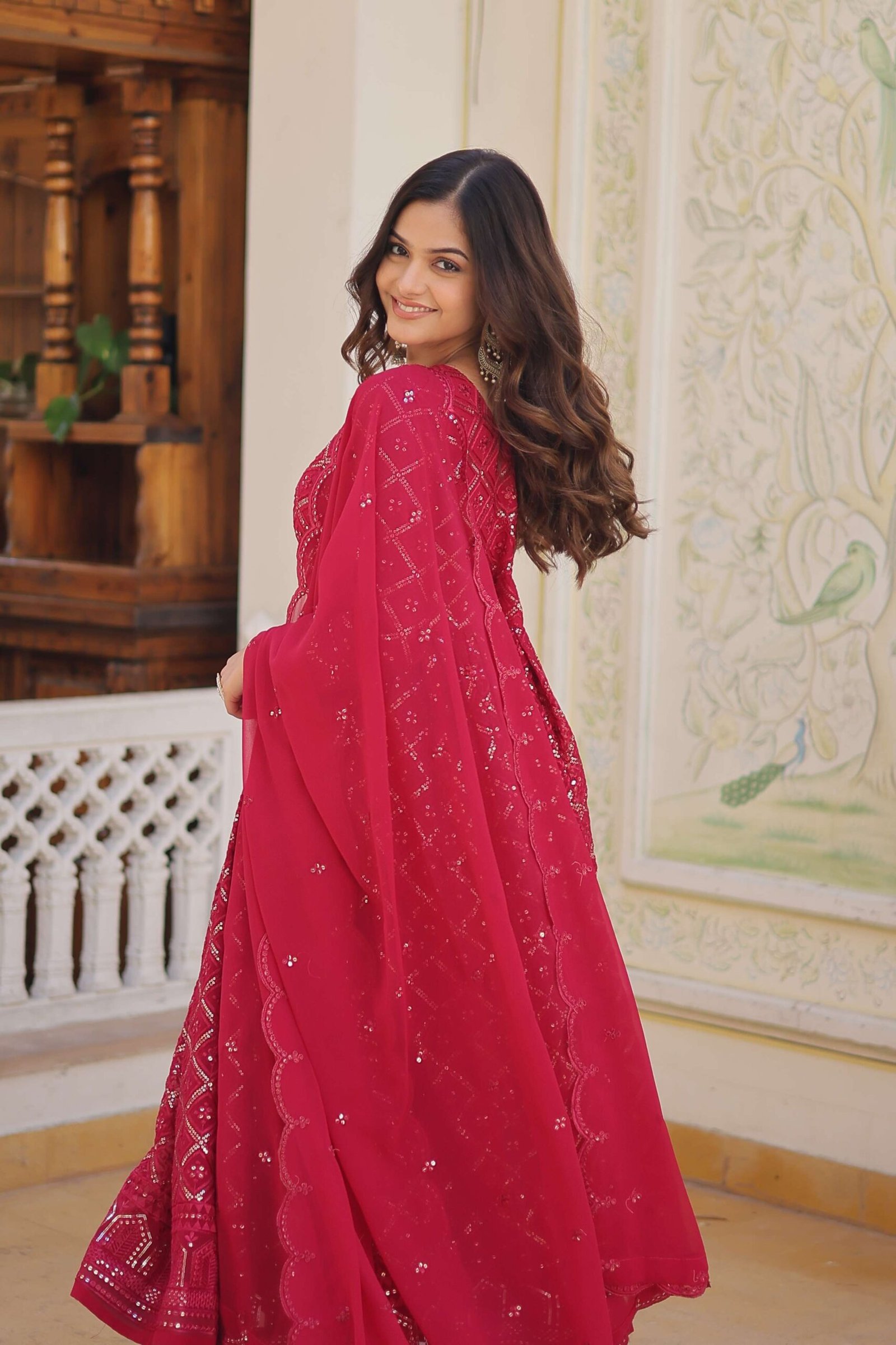 Rani Faux Blooming Designer Gown with Sequined Dupatta ? Elegant Fully Flared Party & Wedding Set - Image 5