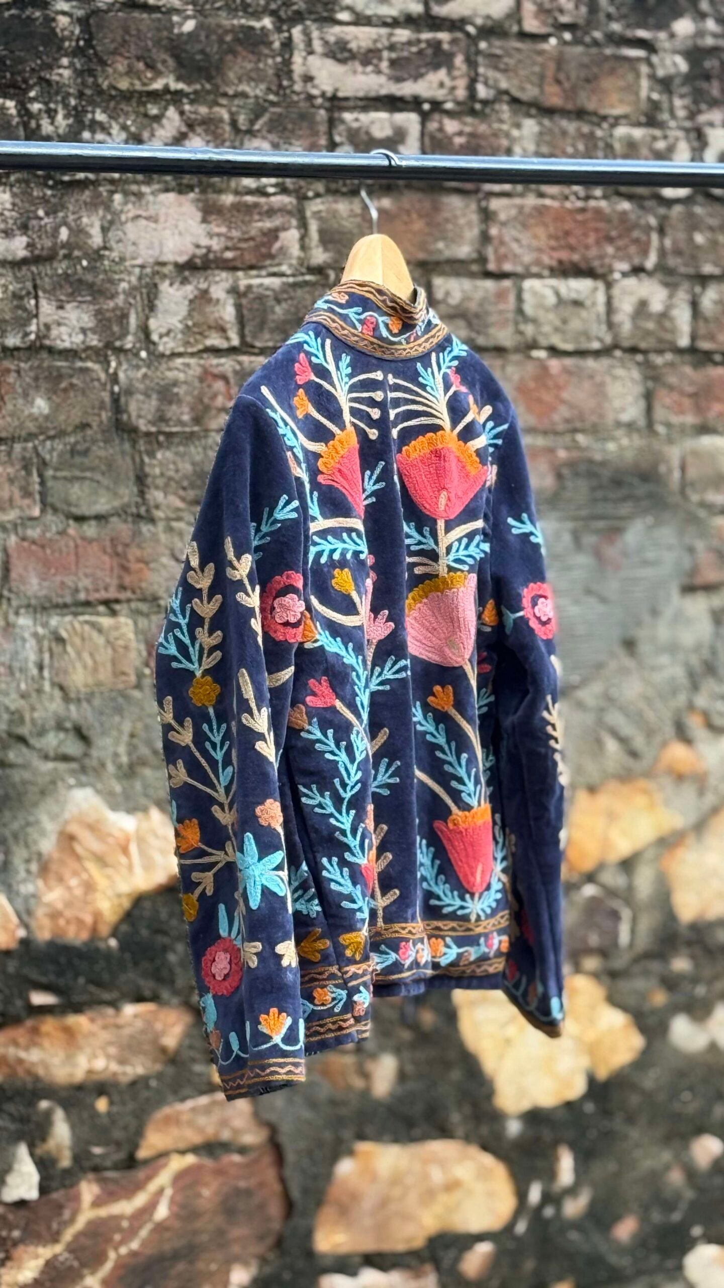 Womens Navy Blue Velvet Embroidered Jacket with Floral Design - Image 4