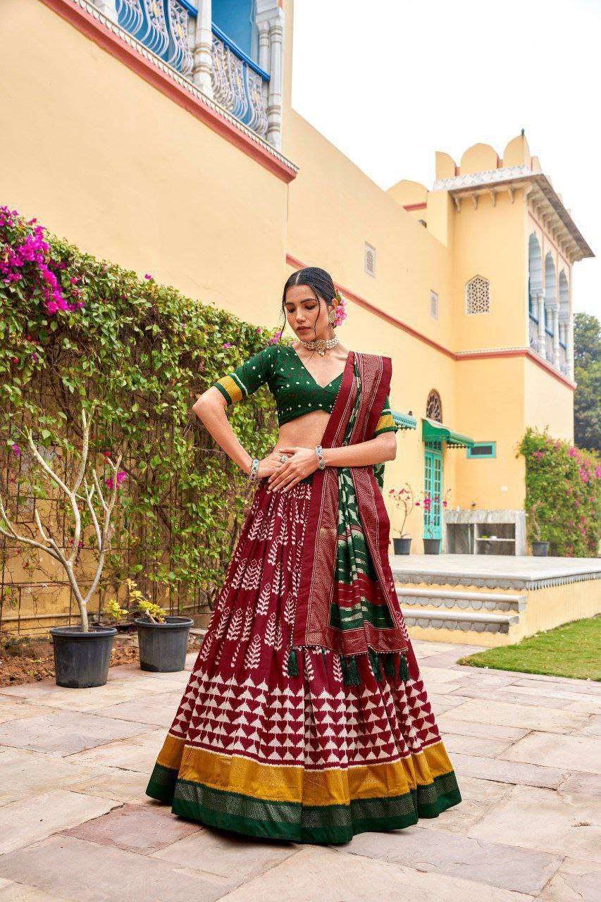 Dark Green Dola Silk Lehenga Choli with Maroon Blouse | Patola Print & Foil Work | Wedding & Festive Wear - Image 3
