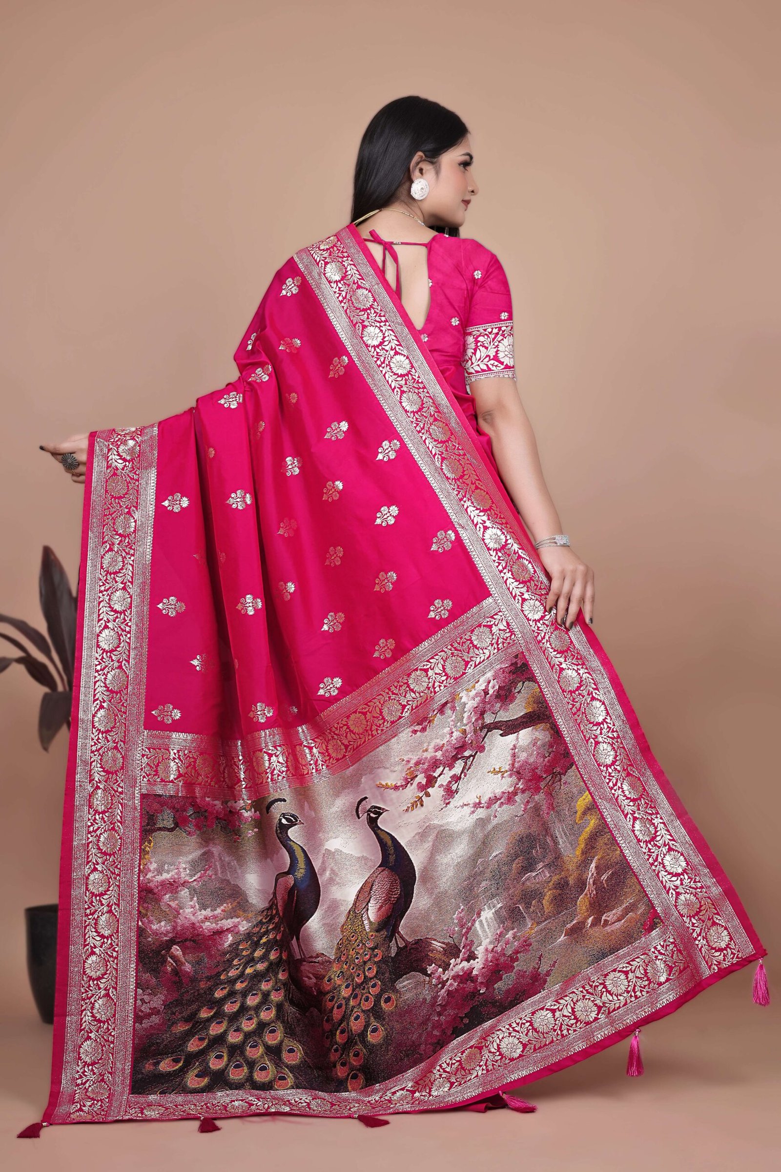 Majestic Magenta Silk Saree with Silver Zari & Twin Peacock Pallu | Wedding, Festive & Traditional Wear - Image 5