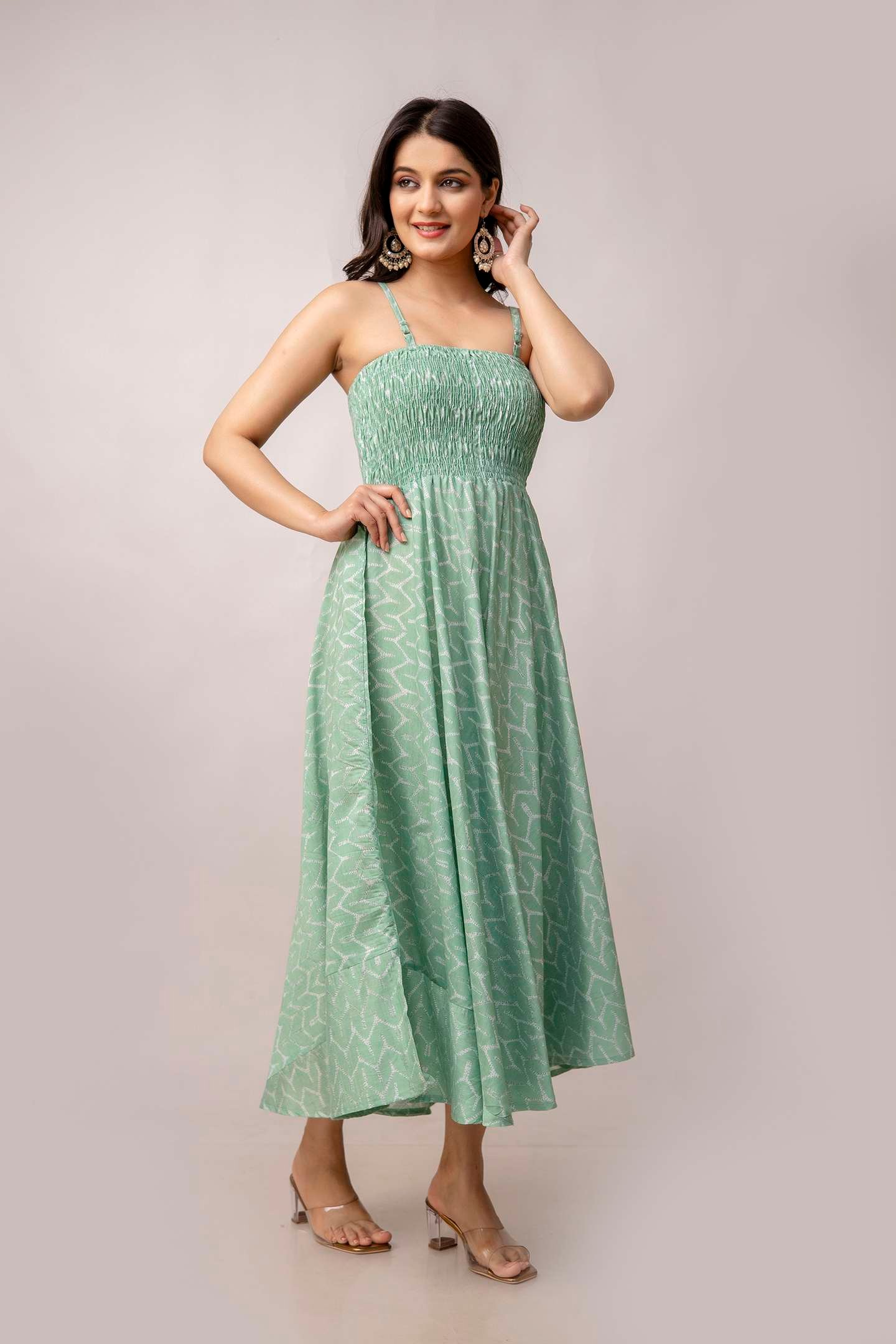 Women's Silk Printed Shoulder Straps Sleeveless Anarkali Gown Drees (GREEN-SUI) - Image 2