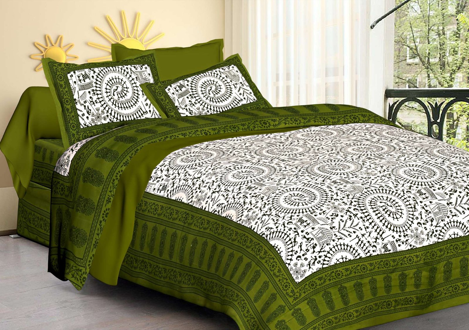 Rajasthani Traditionally Printed Cotton Doublebed Bedsheet With Pack of 2 Pillow Covers