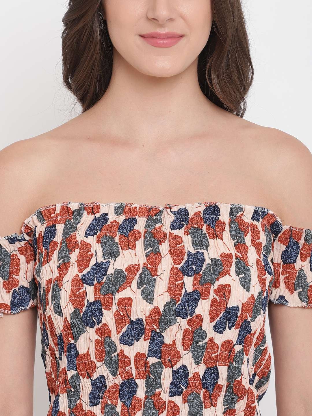 Women's Rayon Printed Off-Shoulder Smocked Crop Top Short Sleeve Casual Styles Tank Top (FREE SIZE) Multi45 - Image 4