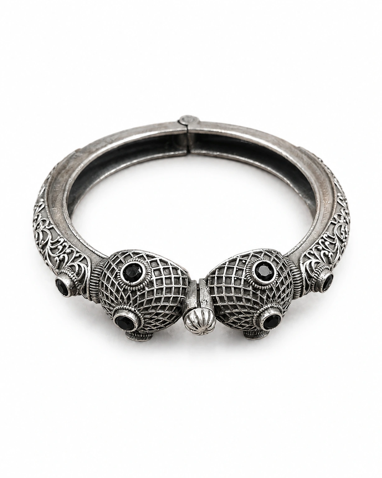 Designer silver kada bracelet isolated on a pure white ecommerce background.
