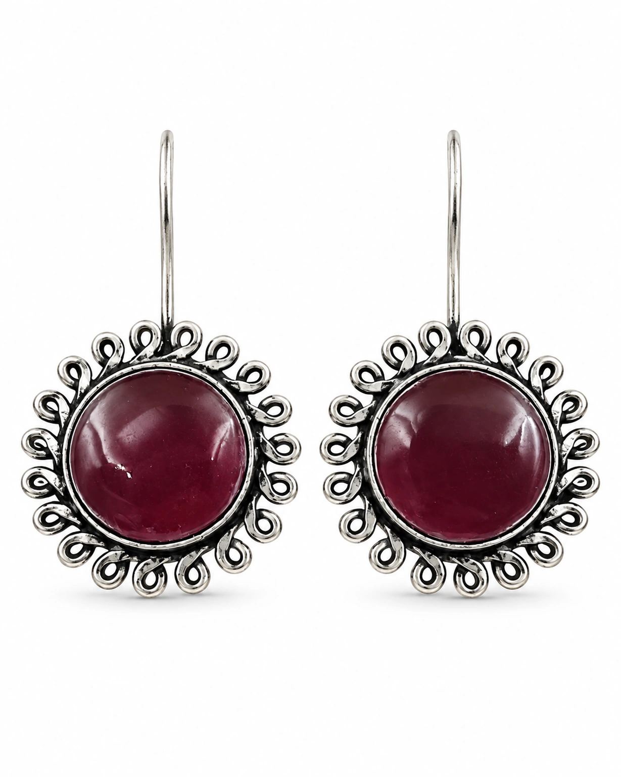 Maroon floral round hook earrings isolated on a pure white ecommerce background.