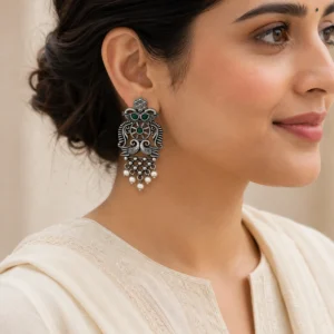 Green oxidized stylish peacock earrings worn naturally with an ivory outfit.