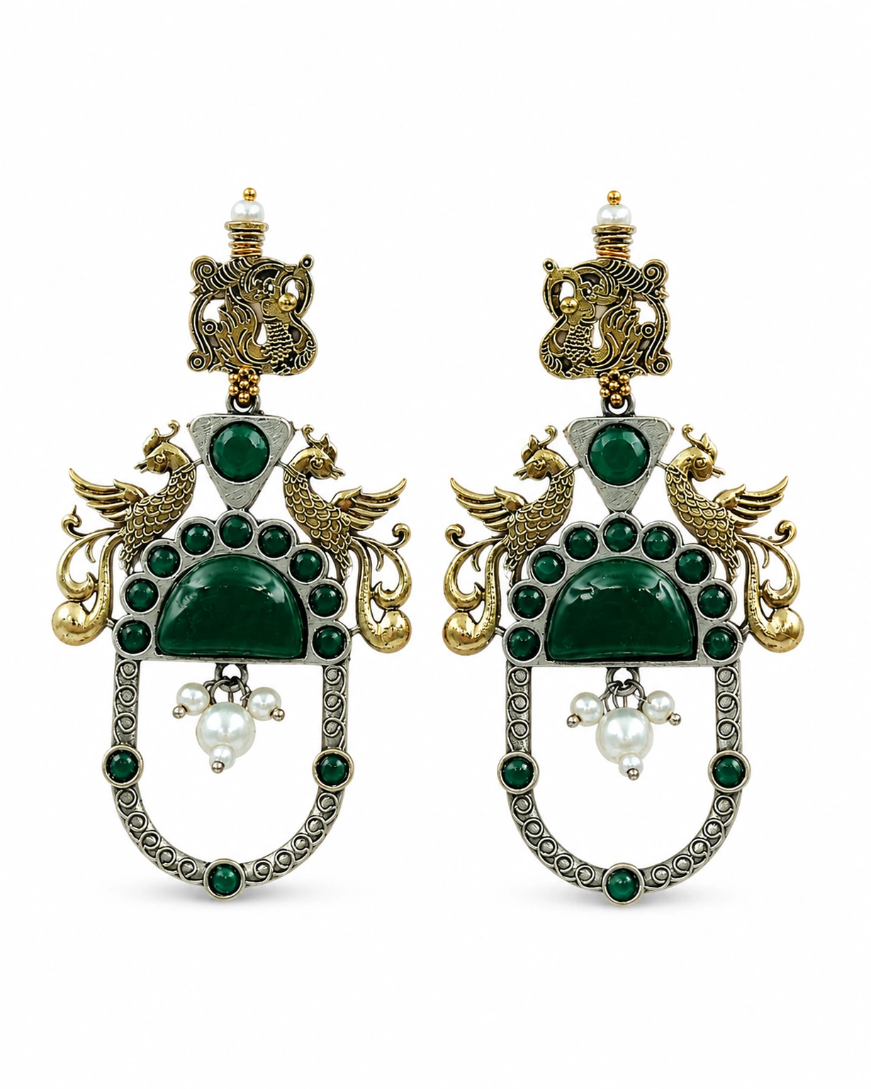 Green two-tone peacock earrings isolated on a pure white ecommerce background.