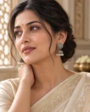 Lightweight oxidised jhumka earrings worn with an ivory silk saree