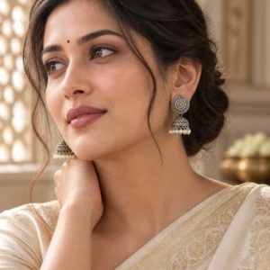 Lightweight oxidised jhumka earrings worn with an ivory silk saree