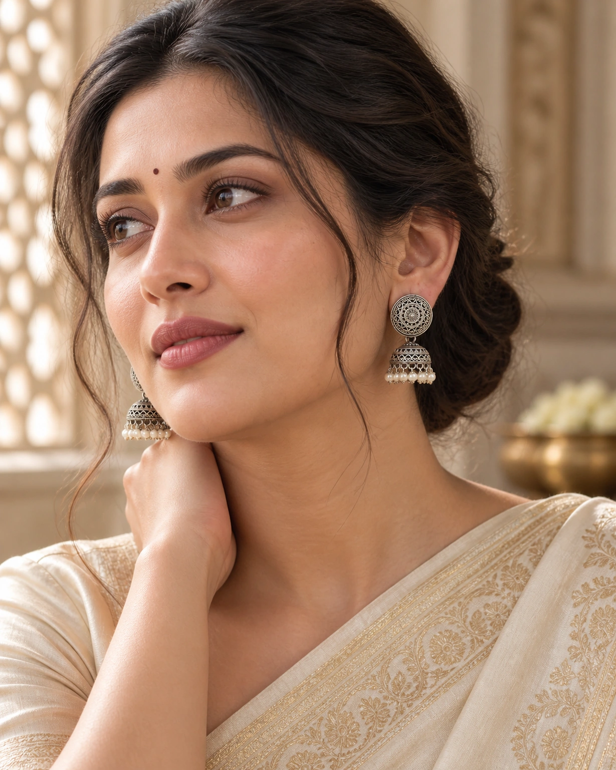 Lightweight oxidised jhumka earrings worn with an ivory silk saree