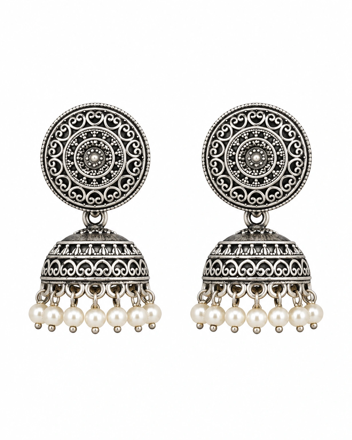 Lightweight oxidised jhumka earring pair on a plain white background