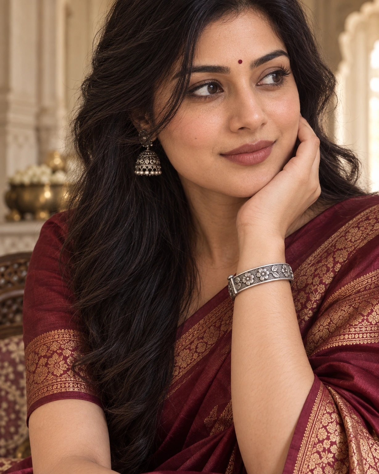 Oxidised silver-plated flower kada worn with a wine silk saree