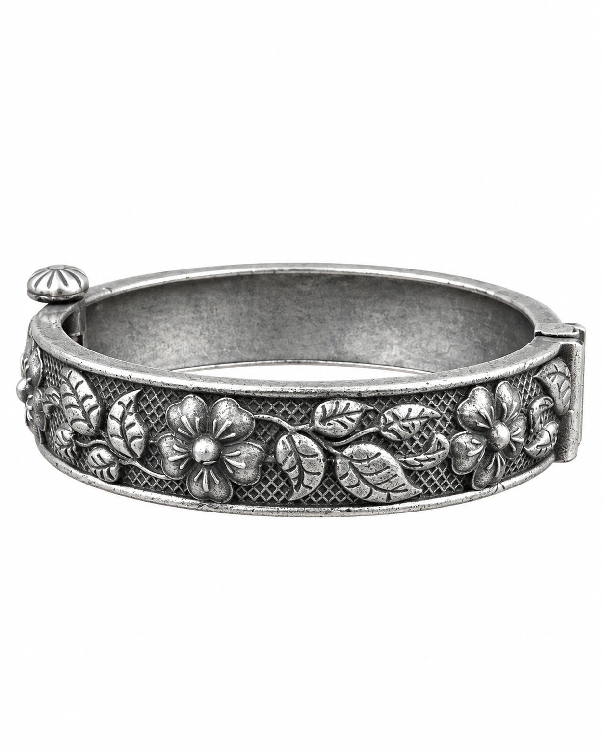 Oxidised silver-plated flower kada on a plain white background