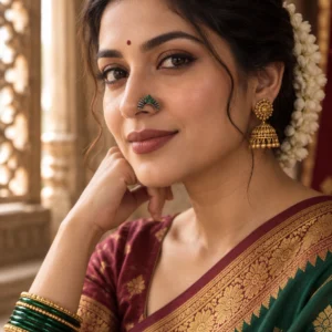 Indian woman wearing a green-stone oxidised Maharashtrian Nath nosepin.