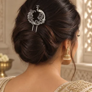 Oxidised peacock juda pin secured above an elegant Indian bridal bun.
