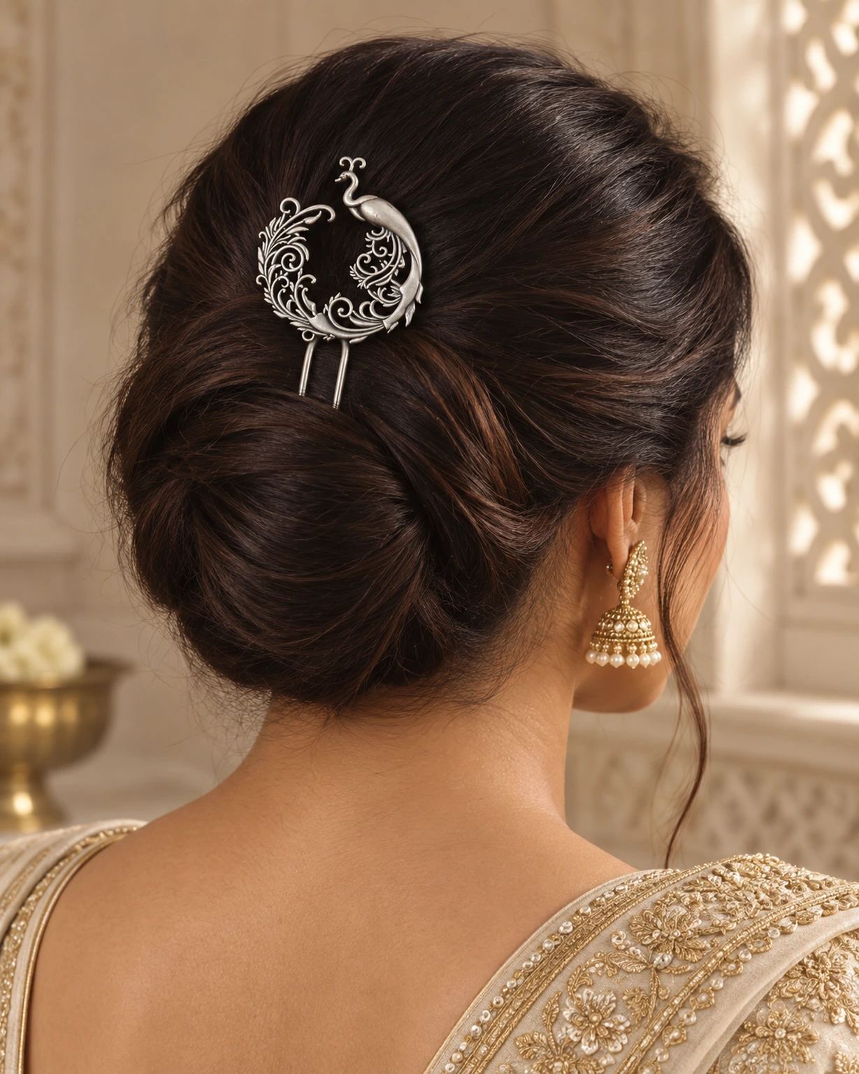 Oxidised peacock juda pin secured above an elegant Indian bridal bun.