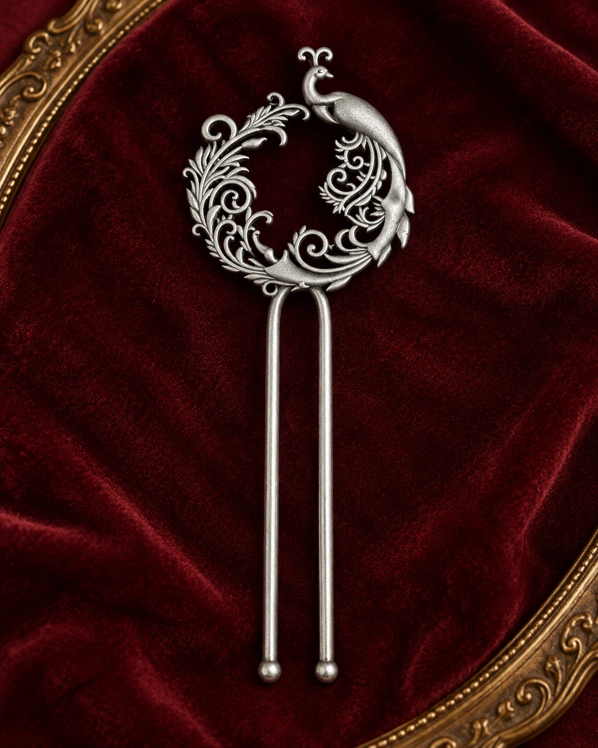 Oxidised silver peacock juda pin displayed on deep burgundy velvet.