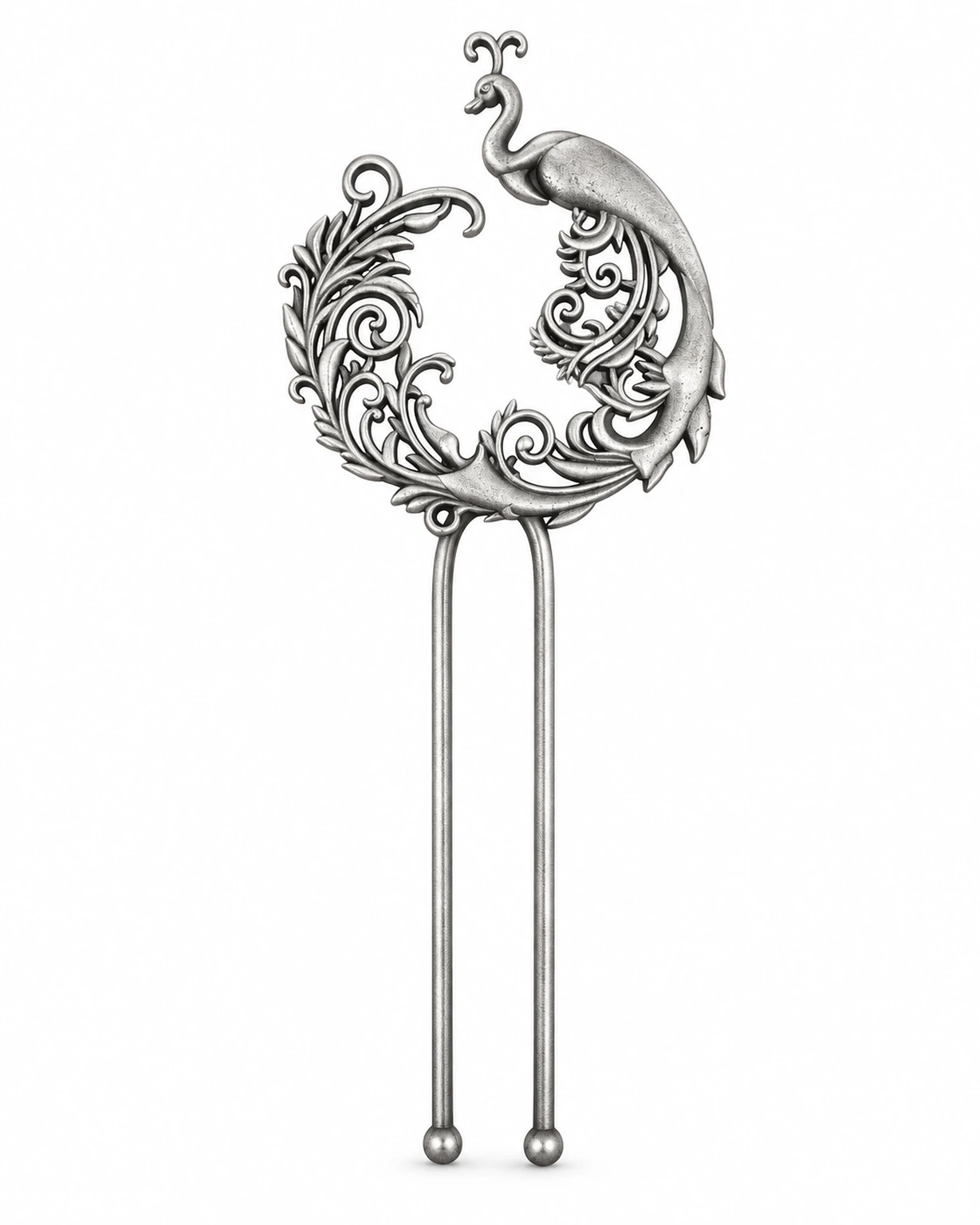 Oxidised silver peacock juda pin isolated on a plain white e-commerce background.