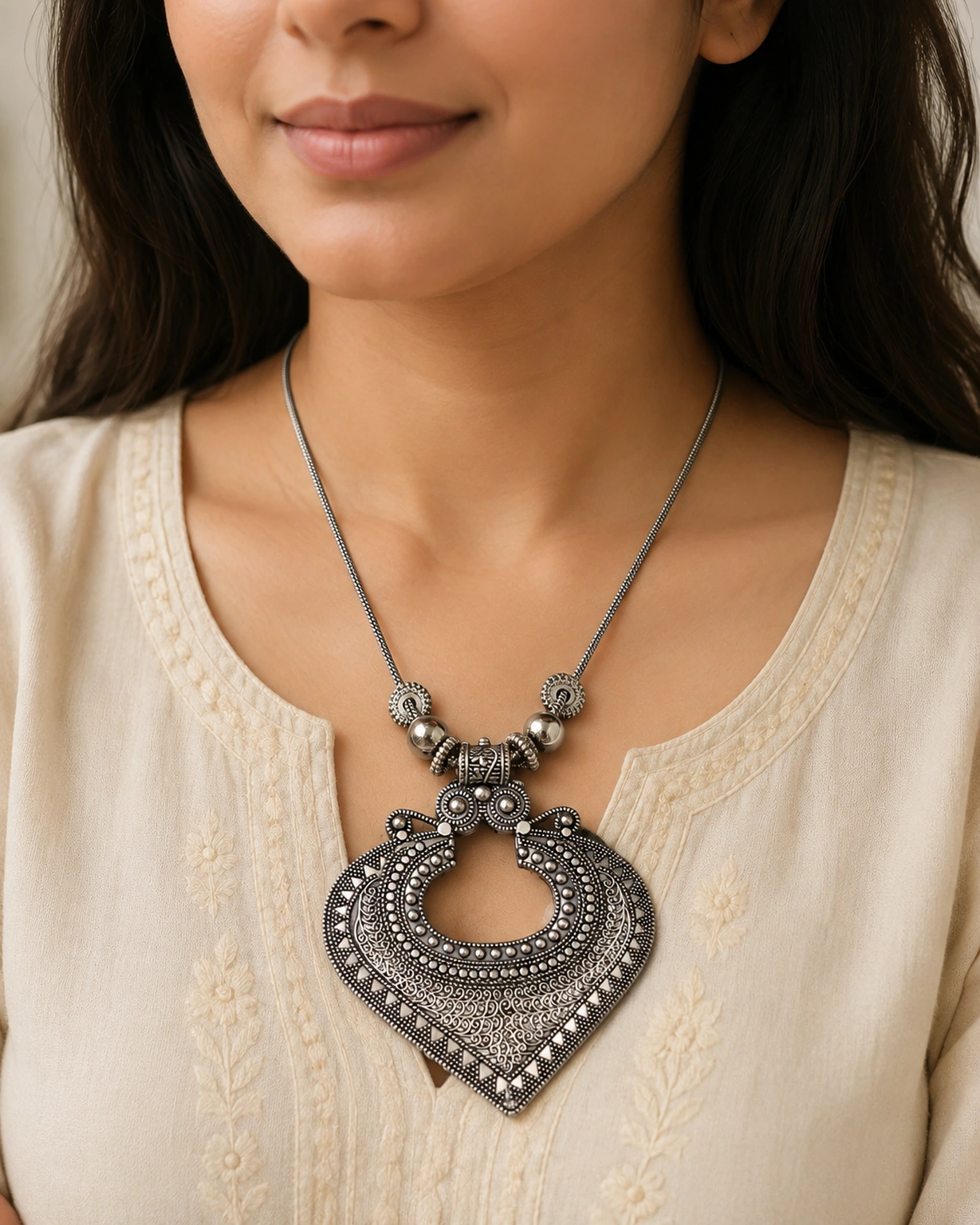 Oxidized silver necklace worn naturally with an ivory outfit.