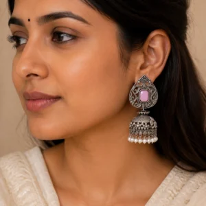 Pink oxidized silver jhumka earrings worn naturally with an ivory outfit.